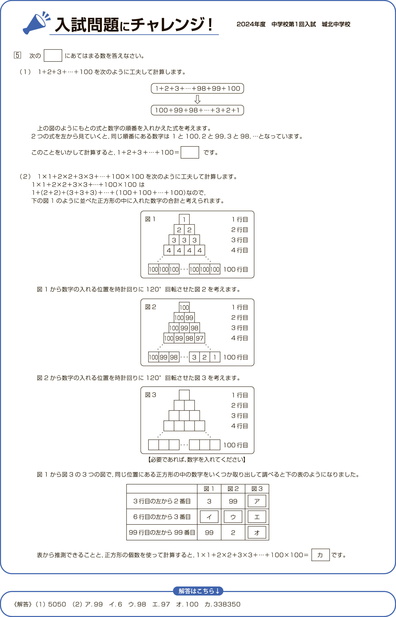 入試問題にチャレンジ2024年度 中学校第1回入試 城北中学校